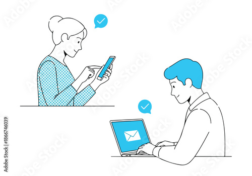 Collaborative communication in digital age - Lifestyle Illustration, Flat Line Art, Flat Style Illustration, Flat Line Illustration, Cartoon Line Illustration, Modern Outline Flat Illustration
