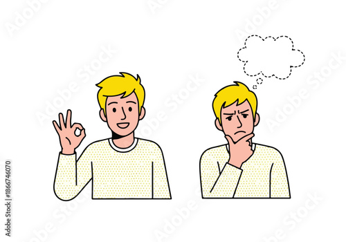 Man expressing approval and confusion - Lifestyle Illustration, Flat Line Art, Flat Style Illustration, Flat Line Illustration, Cartoon Line Illustration, Modern Outline Flat Illustration