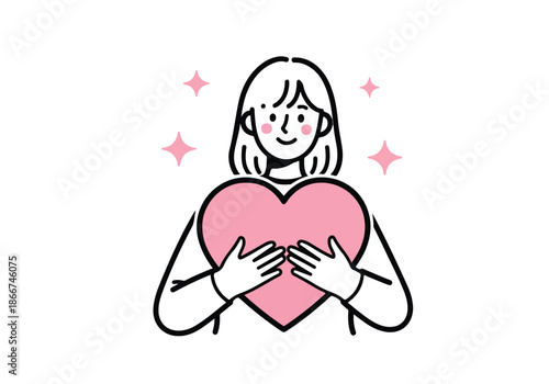 Woman holding heart - Lifestyle Illustration, Flat Line Art, Flat Style Illustration, Flat Line Illustration, Cartoon Line Illustration, Modern Outline Flat Illustration