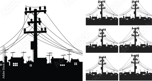 Silhouette urban neighborhood with tall electric power pole, utility wires, rooftop antennas and city houses creating detailed electrical infrastructure scene, vector illustration