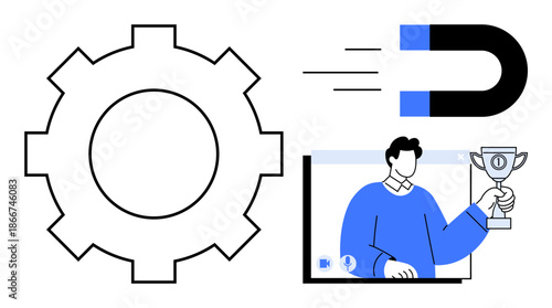Large gear with magnet and a person holding a trophy representing teamwork, success, achievement, strategic planning, leadership, productivity, personal growth. Ideal for business, coaching
