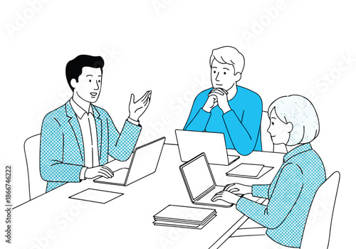 Team collaboration in meeting - Lifestyle Illustration, Flat Line Art, Flat Style Illustration, Flat Line Illustration, Cartoon Line Illustration, Modern Outline Flat Illustration