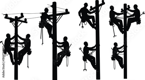 Silhouette utility linemen climbing power poles, electrical maintenance teamwork illustration, professional high voltage repair workers, energy infrastructure service scene for industrial design