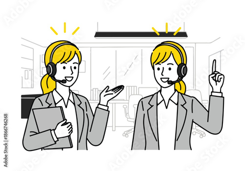 Customer service representatives assisting clients - Lifestyle Illustration, Flat Line Art, Flat Style Illustration, Flat Line Illustration, Cartoon Line Illustration, Modern Outline Flat Illustration