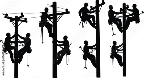 Silhouette utility lineworkers climbing power poles, electrical maintenance teamwork illustration, professional lineman safety equipment, high voltage repair scene for industrial energy design