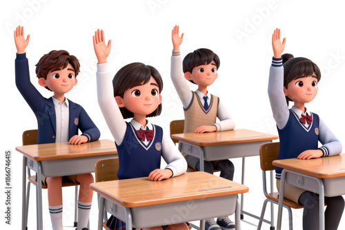 Four 3D Students Raising Hands in Classroom