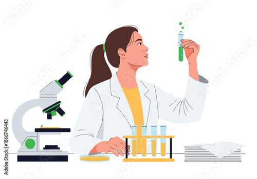 Scientist conducting laboratory experiment - Lifestyle Illustration, Flat Line Art, Flat Style Illustration, Flat Line Illustration, Cartoon Line Illustration, Modern Outline Flat Illustration
