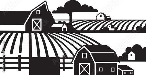 Farm Landscape Silhouette with Barns and Fields