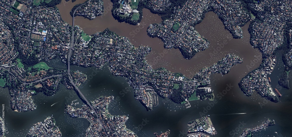 Εκτύπωση καμβά Aerial Satellite View of Sydney Harbour and Coastal Suburbs, Australia