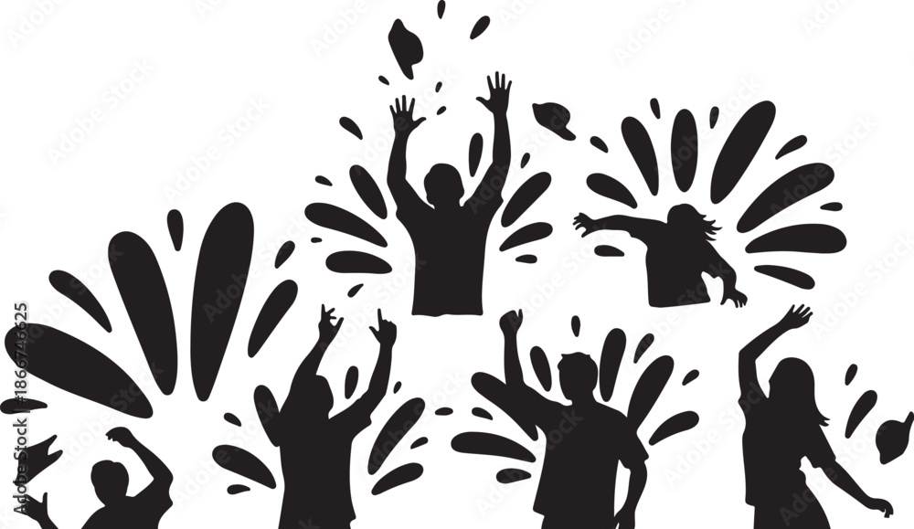 Fototapeta premium Silhouettes of people celebrating with raised hands and paint splatters