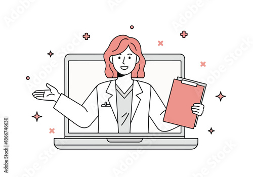 Doctor providing online consultation - Lifestyle Illustration, Flat Line Art, Flat Style Illustration, Flat Line Illustration, Cartoon Line Illustration, Modern Outline Flat Illustration