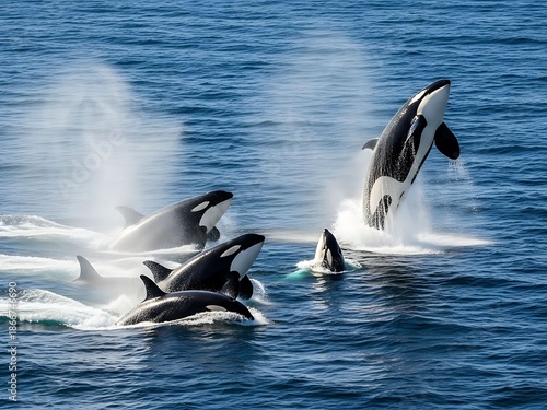 Pod of orcas breaching and swimming in the ocean