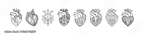 Collection of decorative anatomical heart icons with ornate floral patterns and artistic elements