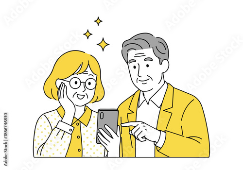 Couple engaged with smartphone - Lifestyle Illustration, Flat Line Art, Flat Style Illustration, Flat Line Illustration, Cartoon Line Illustration, Modern Outline Flat Illustration