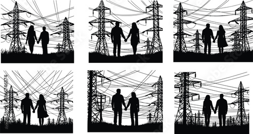 Silhouetted couple holding hands standing under high voltage electricity power transmission towers and tangled wires in black and white landscape