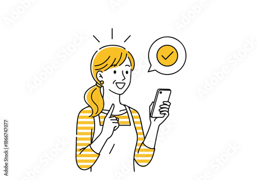 Excited woman using smartphone - Lifestyle Illustration, Flat Line Art, Flat Style Illustration, Flat Line Illustration, Cartoon Line Illustration, Modern Outline Flat Illustration