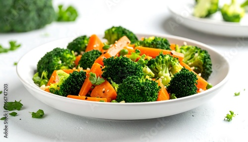 Freshly Cooked Broccoli and Carrot Stir-fry in a White Bowl.