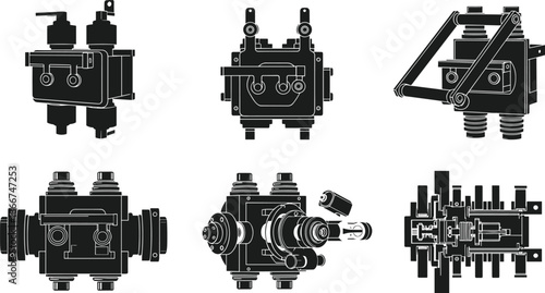 Technical illustration set of industrial valve components and mechanical pressure regulators silhouettes for engineering blueprints and fluid control system manufacturing design