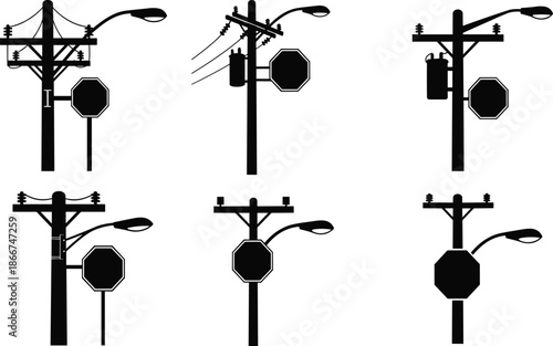 Street light utility pole silhouette set, electrical power lines with lamp post icons, urban infrastructure maintenance, public lighting vector graphics