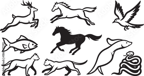 Black and white animal silhouettes running free together