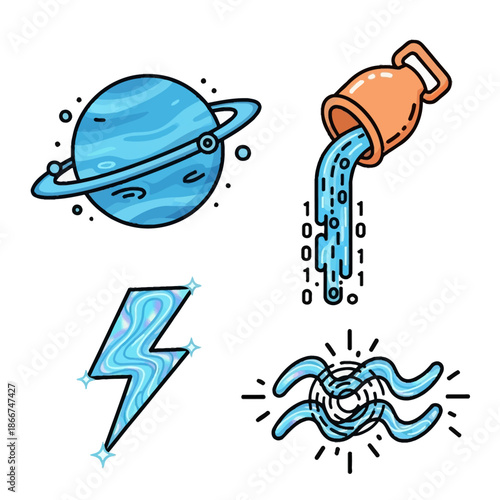 Four blue-themed icons representing the Aquarius zodiac sign, technology, and innovation, featuring a planet, a water pitcher with binary code, a lightning bolt, and the Aquarius symbol.