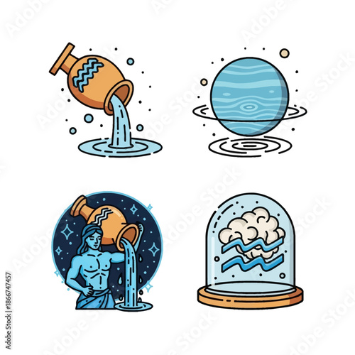 Four distinct illustrations representing the zodiac sign Aquarius, featuring a water-bearer, a pouring urn, a blue planet, and water elements in a dome.