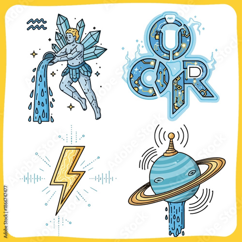 A collection of four distinct illustrations featuring an Aquarius water-bearer, stylized tech letters, a lightning bolt, and a planet emitting water.