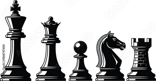 Black and white vector illustration of chess pieces king queen pawn knight and rook set isolated on a white background