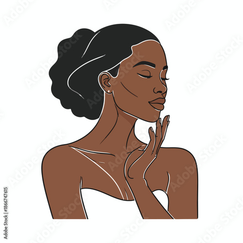 Vector illustration of a calm, dark-skinned woman gently touching her face, embodying beauty and self-care.