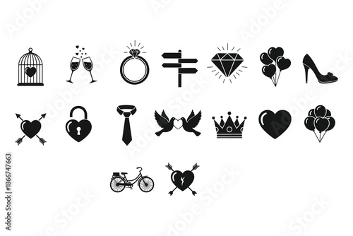 Collection of black and white Valentines Day love icons and symbols on white background
