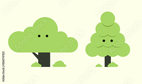 Cute flat vector illustration of minimalist tree characters with smiling faces. Playful green nature symbols for eco-friendly branding, environment awareness, and nursery decor concepts.