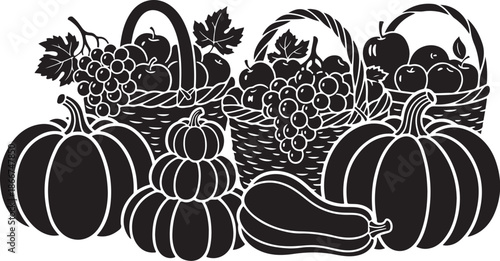 Black and white illustration of harvest fruits and vegetables