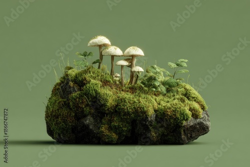 Miniature ecosystem a mossy rock hosts mushrooms and miniature foliage, green backdrop