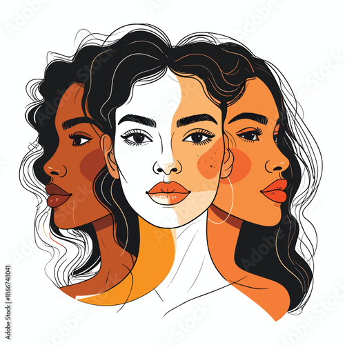Diverse Women's Faces Illustration Portraying Unity and Global Sisterhood, Front and Profile Views