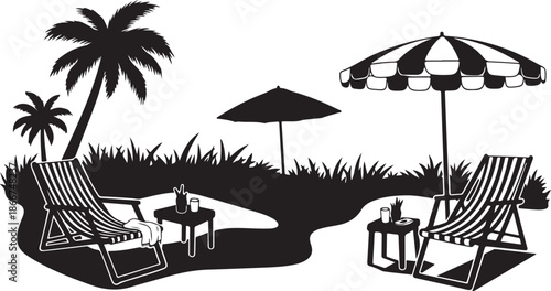 Black and white beach scene with palm trees and lounge chairs