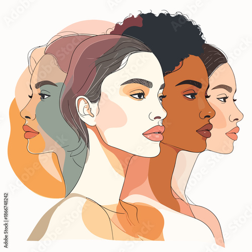 Illustrated profiles of diverse women celebrating unity and equality, facing forward