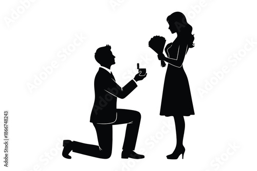 Man proposing to woman with bouquet of flowers and ring on one knee in love and relationship moment