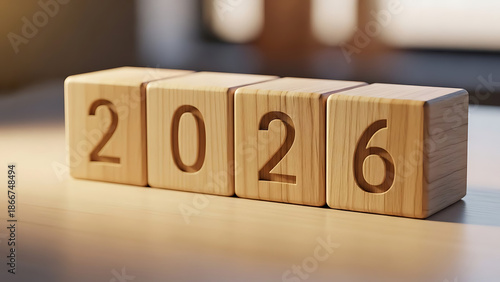 Natural wooden blocks displaying the year 2026, symbolizing future goals, strategic planning, upcoming opportunities, and annual financial projections