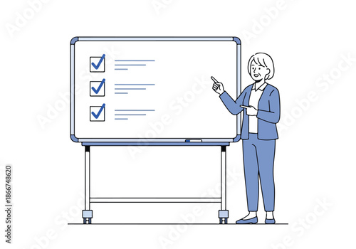 Teacher presenting checklist on whiteboard - Lifestyle Illustration, Flat Line Art, Flat Style Illustration, Flat Line Illustration, Cartoon Line Illustration, Modern Outline Flat Illustration