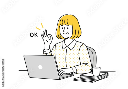 Woman approving work on laptop - Lifestyle Illustration, Flat Line Art, Flat Style Illustration, Flat Line Illustration, Cartoon Line Illustration, Modern Outline Flat Illustration