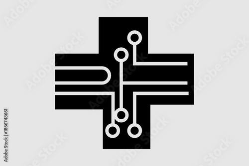 The image features a black medical cross symbol (also known as a Greek cross) centered on a light gray background.