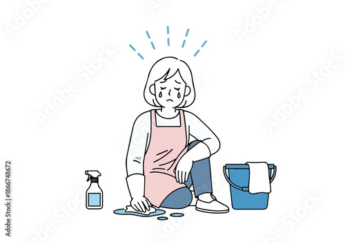 Woman cleaning with frustration - Lifestyle Illustration, Flat Line Art, Flat Style Illustration, Flat Line Illustration, Cartoon Line Illustration, Modern Outline Flat Illustration