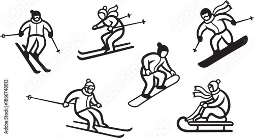 Skiers in various poses on snow skis with poles