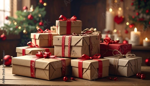 Pile of Christmas Gifts Wrapped in Kraft Paper with Red Ribbons.