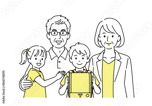 Family enjoying new gadget - Lifestyle Illustration, Flat Line Art, Flat Style Illustration, Flat Line Illustration, Cartoon Line Illustration, Modern Outline Flat Illustration