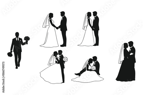 silhouette of wedding couples in various romantic poses on white background