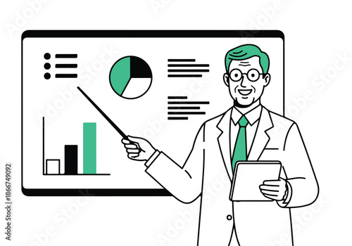 Businessman presenting data analysis - Lifestyle Illustration, Flat Line Art, Flat Style Illustration, Flat Line Illustration, Cartoon Line Illustration, Modern Outline Flat Illustration