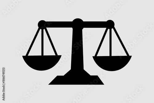 This image is a black silhouette icon of a Scale of Justice or a balancing scale, set against a solid light-grey background.