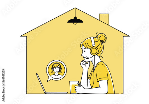 Woman working remotely from home - Lifestyle Illustration, Flat Line Art, Flat Style Illustration, Flat Line Illustration, Cartoon Line Illustration, Modern Outline Flat Illustration
