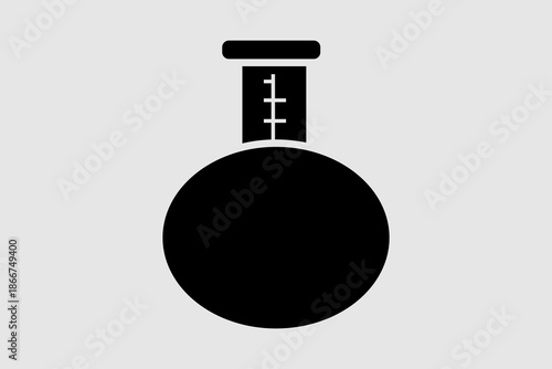 This image is a minimalist silhouette icon of a laboratory flask (specifically a round-bottom or Florence flask) set against a light grey background.